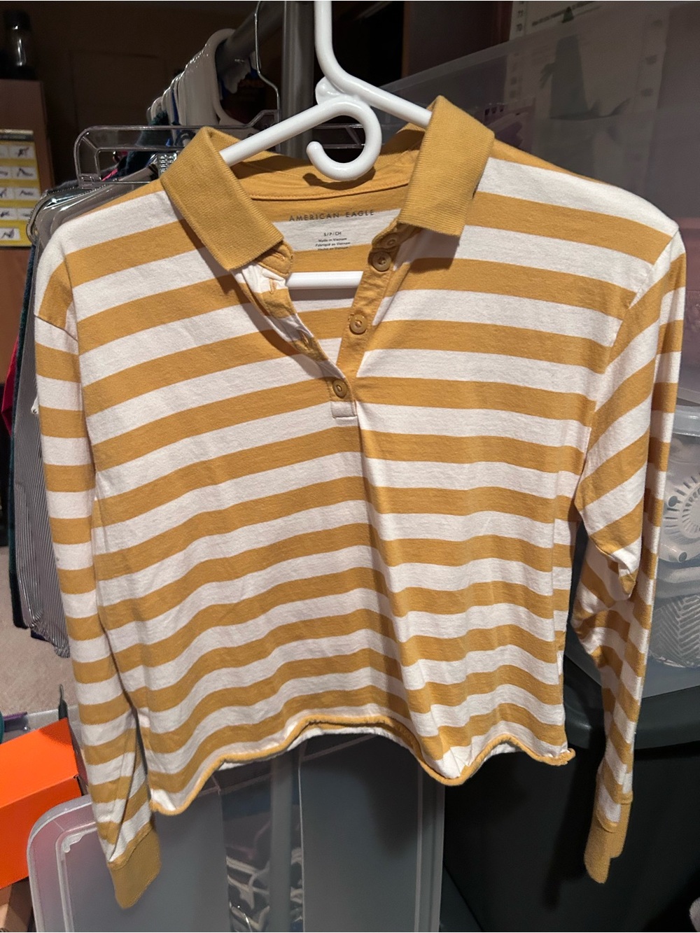 American Eagle Outfitters Mustard and White Striped Long Sleeve Polo